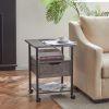 Side Table with Charging Station and Wheels, Rolling End Table with 2 USB Ports and 2 Outlets and Power Switch, Nightstand with Storage Shelves and Dr