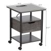 Side Table with Charging Station and Wheels, Rolling End Table with 2 USB Ports and 2 Outlets and Power Switch, Nightstand with Storage Shelves and Dr