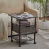 Side Table with Charging Station and Wheels, Rolling End Table with 2 USB Ports and 2 Outlets and Power Switch, Nightstand with Storage Shelves and Dr